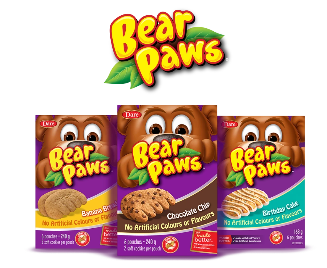 Bear Paws logo and 3 packages of different flavours