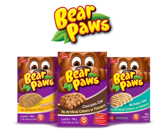 Bear Paws logo and 3 packages of different flavours