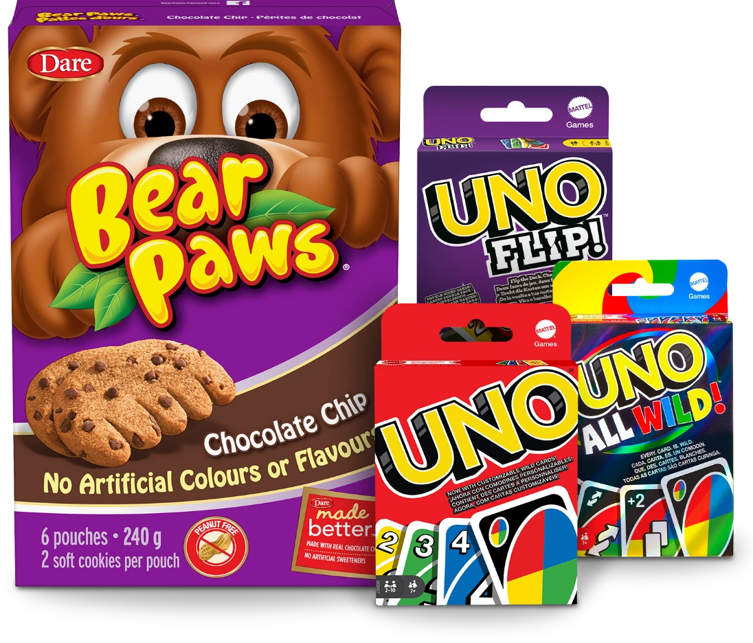 BearPaws Crunchy Chocolate Chip product and 3 versions of Mattel's Uno Games